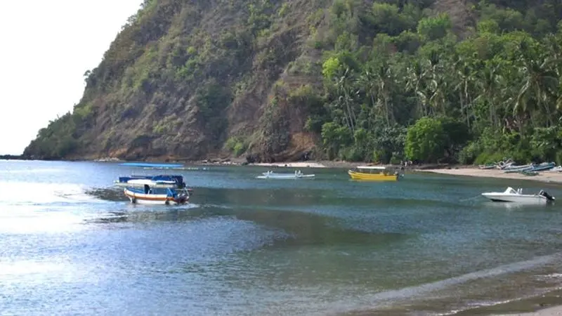 Aerial view of Amuk Bay Beach in Bali with turquoise waters, green hills, and fishing boats on the shoreline.