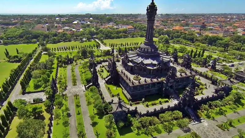 Aerial view of Bajra Sandhi Monument in Denpasar surrounded by greenery and traditional architecture